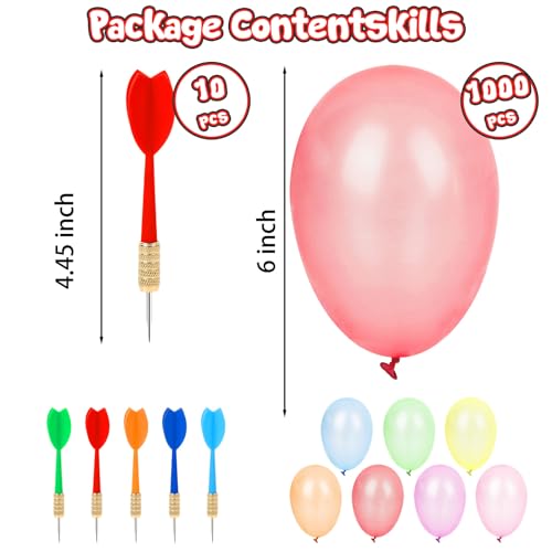 LovesTown 1000PCS Carnival Games Darts & Balloons Set, 6inch Circus Decorations Water Balloons with 10PCS Darts for Carnival Party Supplies