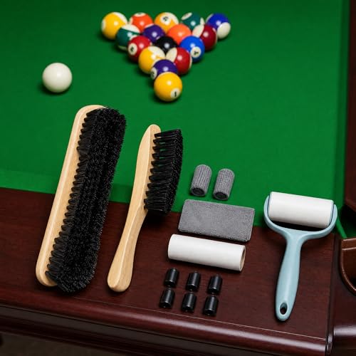 6 Piece Pool Table Cleaning Kit Professional Billiard Felt Cleaner Rail Brush Set with Wooden Brushes Cue Cloths Ferrule Polish Cloths and Sticky Lint Roller for Table Care