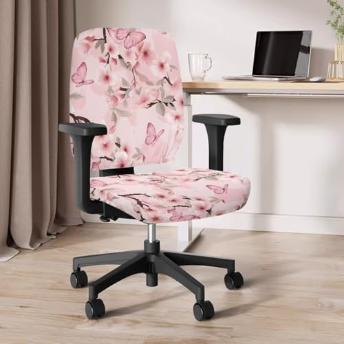 Pink Floral Butterfly Computer Chair Cover 4-Piece Set with Armrest Pads Easy to Clean Desk Chair Covers for Home and Rotating Chairs - color: Pink Floral Butterfly