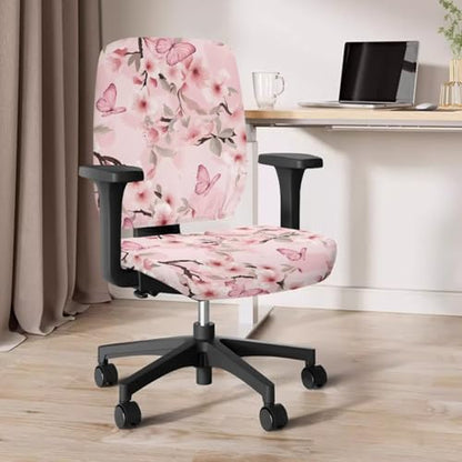 Pink Floral Butterfly Computer Chair Cover 4-Piece Set with Armrest Pads Easy to Clean Desk Chair Covers for Home and Rotating Chairs - color: Pink Floral Butterfly