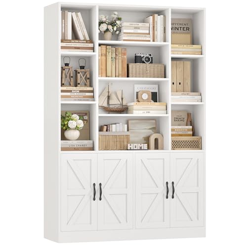 HOSTACK 72” Tall Book Shelf and Bookcase, White Bookshelf with Storage Cabinet, 45” Wide Bookcase with 4 doors, Standing Display Shelves, Modern Farmhouse Book Case for Living Room, Home Office, White - color: White