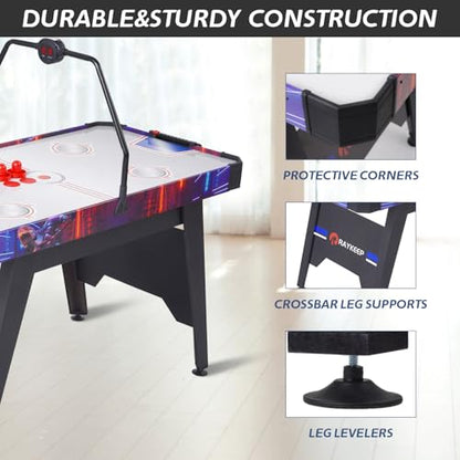 RAYKEEP Air Hockey Table, 54“ Indoor Hockey Game Table for Adults and Kids w/2 Pucks, 2 Pushers, Digital LED Overhead Scoreboard, Powerful 12V Motor for Game Room, Home, Office