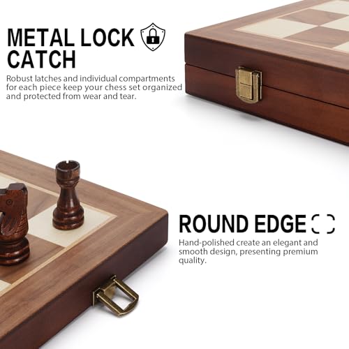 2 in 1 Magnetic Chess Set & Checkers Board Game, 15" Wooden Folding Chess Board with 2 Extra Queens, Portable Travel Chess Set with Pieces Storage Slots, Beginner Chess Board Game for Adults & Kids