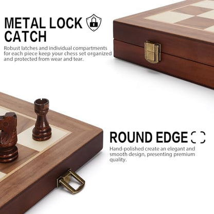2 in 1 Magnetic Chess Set & Checkers Board Game, 15" Wooden Folding Chess Board with 2 Extra Queens, Portable Travel Chess Set with Pieces Storage Slots, Beginner Chess Board Game for Adults & Kids