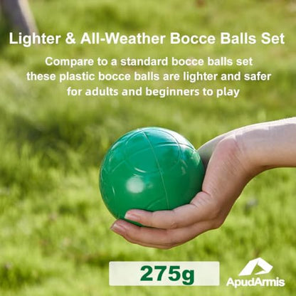ApudArmis 90mm Bocce Balls Set, Lighter Outdoor Bocce Game for Backyard/Lawn/Beach - Set of 8 Soft PE Balls & 1 Pallino & Nylon Carrying Case & Measuring Tape for Teens Beginners - size: 90mm Universal Size