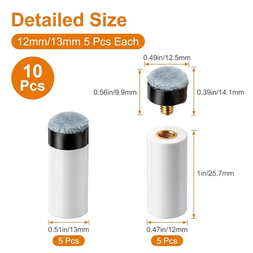 10 Sets Pool Cue Tips Replacement Kit Pool Stick Tips Screw On Pools Stick | 2 Sizes Tip Billiard Cues Tip with Gray Pools Cue Sticks Ferrules, Pool-Table Accessories(12mm/13mm, 5Sets Each)