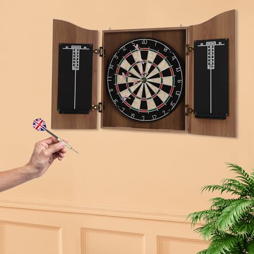 Dartboard Cabinet Set, Brown Wall-Mounted Wooden Dartboard W/Cabinet & Dart Boards Set, Decorative Dart Board Cabinet Set for Home Game Bar Accessories