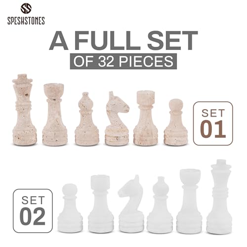Marble Chess Pieces 3.5 Inch Travertine and White Stone Chess Figures for Chess Board, Draughts & Travel Set, Ideal Strategy Board Games for Adults & Table Top Game Accessories - color: Travertine & White