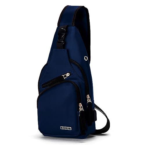 Seoky Rop Men Women Sling Backpack Nylon Water Resistant Shoulder Chest Crossbody Sling Bag with USB Charging Port - color: Dark Blue