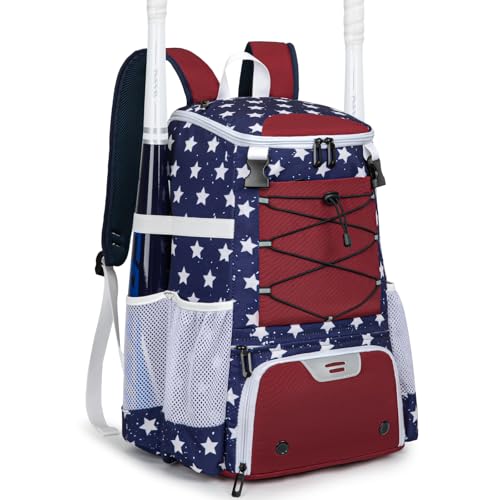 KAVIGOR Baseball Bag for Youth and Adult, Softball Backpack 40L Large Capacity, Bat Backpack with Shoes Compartment and Hidden Helmet Holder - color: Red White & Blue