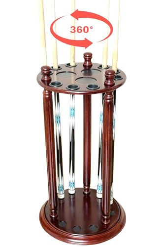 Revolving Billiard Cue Rack, Pool Stick Holder Floor Stand holds 9 Pool Table Sticks, Made of 100% Solid Wood (Mahogany) - color: Mahogany