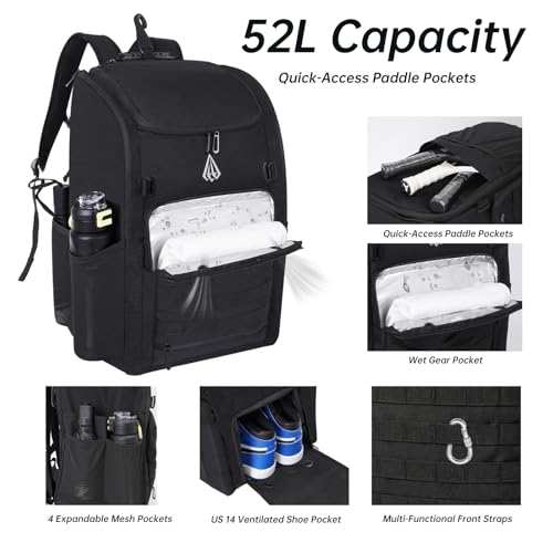 Pro 52L Pickleball Bag with Padded Paddle Protection Fits 6-10 Paddles,Ventilated Shoe Compartment,Wet Dry Separation,Hidden Ball Net,Designed for 2 Players Family and Couples - color: NEW BALCK