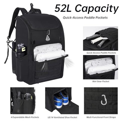 Pro 52L Pickleball Bag with Padded Paddle Protection Fits 6-10 Paddles,Ventilated Shoe Compartment,Wet Dry Separation,Hidden Ball Net,Designed for 2 Players Family and Couples - color: NEW BALCK