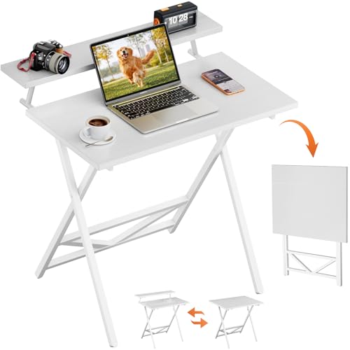 WOHOMO Folding Computer Desk with Adjustable Height, 23.6" x 31.5" x 25.6" Foldable Table with Monitor Stand, Small Office Desk for Bedroom, Space Saving Desk for Home Office, Easy Assemble, White - color: White