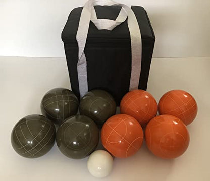 BuyBocceBalls Listing - Unique Bocce Set - 107mm with Olive Brown and Orange Balls, Black Bag