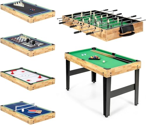 GYMAX Multi Game Table, 10 in 1 Combo Game Table w/Foosball Table, Hockey, Pool Table, Ping Pong, Shuffleboard, Bowling & 4 Board Games, Game Tables for Game Room, Home, Family - color: Natural