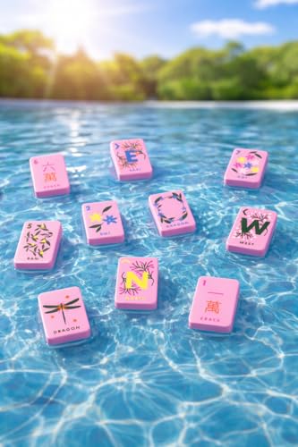 Girl Tribe Co Floating Mahjong Tiles for Pool – Floral Pink Waterproof Mahjong Tile Set, Floating Foam Tiles for Pool Games, Summer Party Game, Outdoor Mahjong Set
