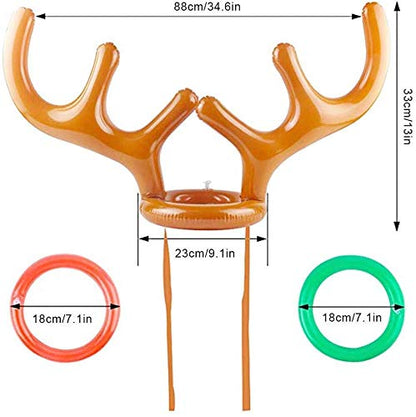 2PCS Christmas Party Toss Game Inflatable Reindeer Antler Hat with Rings for Kids Adults Family Xmas Fun Games(1 Pump，8 Rings, 2 Antlers)