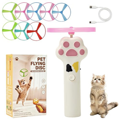 Cat Fetch Toy Launcher with 8 Flying Discs, Rechargeable Interactive Cat Toy for Indoor Cats, Flying Disc Launcher for Hunting Training Exercise, Cat Chase Toy for Active Play and Enrichment (White)