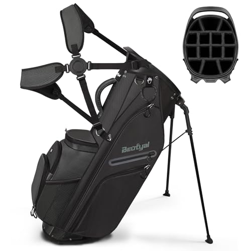 14 Way Full Length Dividers Golf Stand Bag, Lightweight Golf Bag with Stand for Men and Women Golf Club Carry Bag with Dual Strap & Rain Cover - color: Black