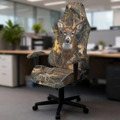 Suobstales Deer Hunting Camo Leaves Pattern Gaming Chair Cover, Removable Office Chair Cover with Zipper, Stretch Anti-dust Universal Washable High Back Computer Seat Protector for Pets - color: Deer Hunting Camo Leaves