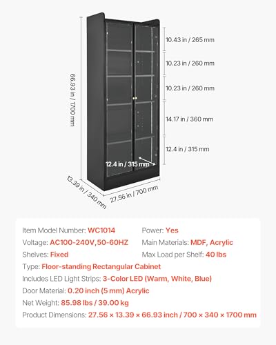VEVOR Display Cabinet with Doors, 67in Tall Display Case with 2 Adjustable Shelves, 3 LED Lights, 5-Tier Curio Collectibles Storage Cabinet, Bookshelf Bookcase for Pantry Bedroom Living Room Office - size: 67in