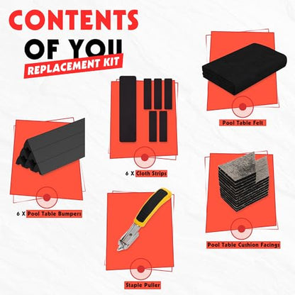 Pool Table Felt and Bumper Kit Felt for Billiard Cloth with Pool Table Bumpers and Cushions Facing, 6 Pcs Cloth Strips and Staple Remover - color: Black, size: 8.5FT Over Size + 48'' Bumpers
