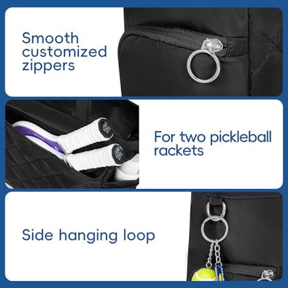 KAVIGOR Tennis Tote Bag with Shoe Compartment - Extra-Large Quilted Pickleball Bag Holds 2-4 Rackets, Water-Resistant & Lightweight for Men & Women - color: Black