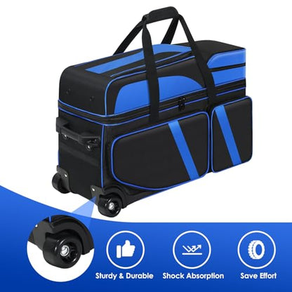 3 Ball Bowling Bags With Wheels,Bowling Bags 3 Ball Roller With Shoes Compartment And Multiple Pockets,3 Ball Bowling Bag has Retractable Handle Extends to 41.5 in - color: blue