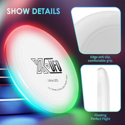 X-UFO LED Golf Disc 175g - Tri-Color Sensor, USB-C Rechargeable Glow in the Dark Disc for Night Play, Beach, Camping