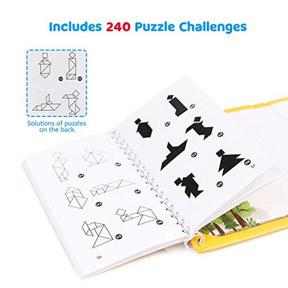 Vanmor Travel Tangram Puzzle - 3 Sets of Magnetic Tangram with 240 Solution - Montessori Shape Pattern Blocks Jigsaw Road Trip Games IQ Book Educational Toy Brain Teaser Gift for Kids Adults Challenge - style: 240 Solution