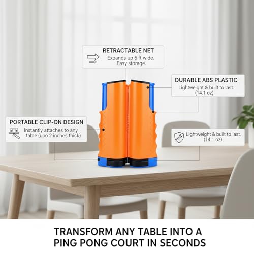 Retractable Table Tennis Net Set, Portable Clip-On Ping Pong Net for Any Flat Surface, Tool-Free Setup with Durable Plastic Construction - color: Orange