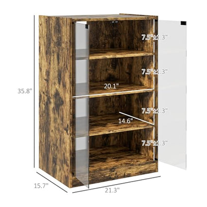 Rustic Brown 4-Shelf Media Stand - Steel-Reinforced MDF, Press-Lock Glass Doors, Adjustable AV Rack for Gaming/TV Gear