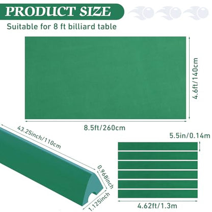 Mixweer Billiard Cloth for 8 ft Pool Table Pre Cut Felt with 6 Cloth Strips and 6 Pool Table Rubber Bumpers for Bars, Clubs, Hotels Replacement - color: Green