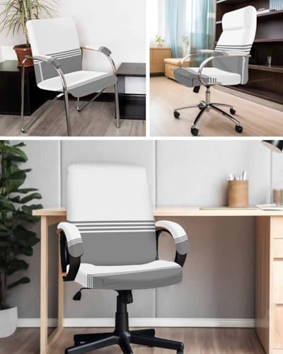 Modern Art Office Chair Cover with Armrest Covers, Grey White Simple Striped Farmhouse Universal Stretch Desk Rotating Chair Slipcovers, Removable Seat Protector with Zipper, M - color: Grey, size: Medium & 2PCS Armrest Covers