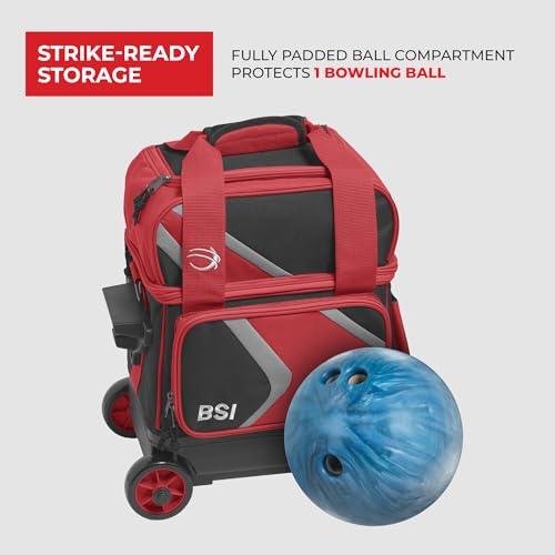 BSI Dash Roller Bowling Bag with Smooth Rolling Wheels, Padded Ball Compartment, Retractable Locking Handle, & Shoe Pocket - color: Black/Red/Gray, style: Single