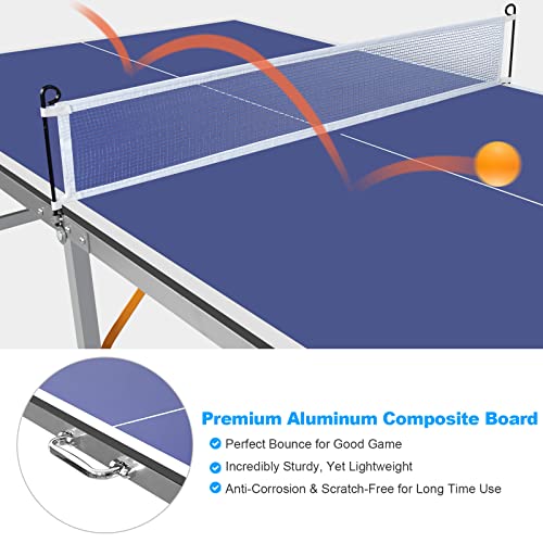 Prime 6ft Mid-Size Table Tennis Table Portable & Foldable Ping Pong Table Set for Indoor & Outdoor Games with Net, 2 Table Tennis Paddles and 3 Balls