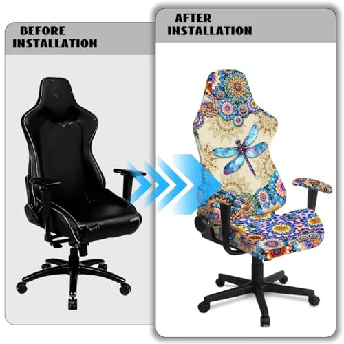Dragonfly Print Gaming Chair Slip Cover Set Boho Mandala Flower Print Gaming Chair Covers Slipcovers 4Pcs with Armrest Cover Universal Fit for Desk/Swivel/Rotating Chairs Protector - color: Multi - Dragonfly Boho Mandala Flower