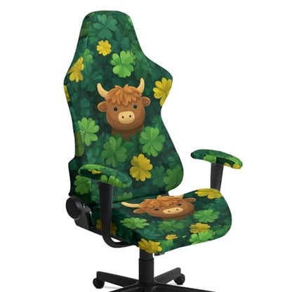 Suobstales Highland Cattle Shamrock Pattern Gaming Chair Covers Slipcovers Stretch Gamer Chair Cover with Armrest Covers Waterproof Fabric Non-Slip Universal Fit Rotating Gaming Chair Protector - color: Highland Cattle Shamrock