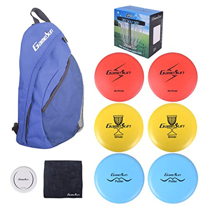 DISC Golf Set Includes 1pc Heavy Duty Nylon Backpack Bag, 2pcs Drivers, 2pcs Mid-Ranges, 2pcs Putters, 1pc Mini Disc Marker, 1pc 12”x12” Embroider Logo Black Towel and 1pc Gift Color Box - color: Blue