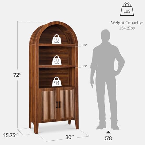 Best Choice Products 72" Tall Arched Pantry Cabinet w/Reeded Doors, 5-Tier Bookshelf, Armoire, Hutch, Bookcase, Storage Cabinet w/Adjustable Shelves, for Dining Room and Livingroom - Walnut - color: Large - Walnut