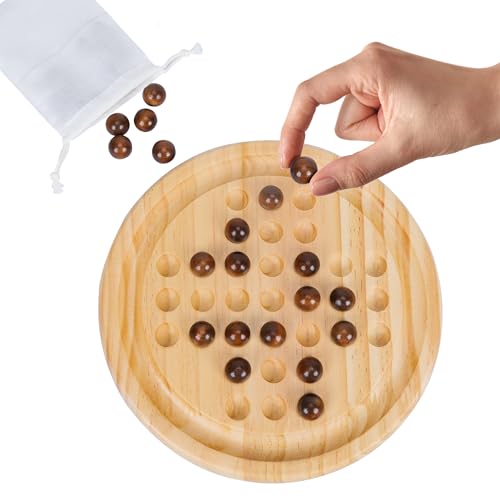 Gothink Solid Wood Solitaire Game, Classic Handcrafted 9'' Wooden Solitaire Board, 33 Smooth Wooden Balls, Single Strategic Mind Game for Kids and Adults - style: Solitaire Game