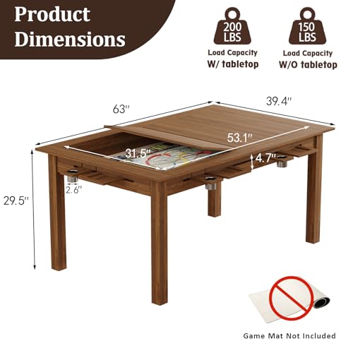 Board Game Table with Removable Top, 63" Dining/Gaming Table for 4-6 Players with 53in x 31.5in Play Area, Includes 6 Cup Holders & Trays, Rustic Brown (Game Mat Not Included) - color: Rustic Brown