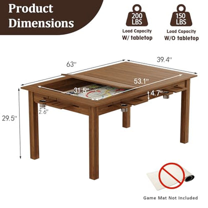 Board Game Table with Removable Top, 63" Dining/Gaming Table for 4-6 Players with 53in x 31.5in Play Area, Includes 6 Cup Holders & Trays, Rustic Brown (Game Mat Not Included) - color: Rustic Brown