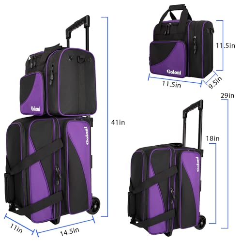 Goloni 3 Ball Bowling Bag with Wheels, 2+1 Double Roller Bowling Bag with Shoe Compartment,Tote Bag for Bowling Accessories - color: 3 Ball-Purple