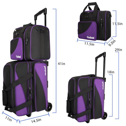 Goloni 3 Ball Bowling Bag with Wheels, 2+1 Double Roller Bowling Bag with Shoe Compartment,Tote Bag for Bowling Accessories - color: 3 Ball-Purple