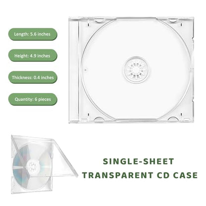 6PCS Standard Single Clear CD Jewel Case, 10 mm Thin Plastic DVD Protective Cases Replacement w/Assembled Tray, Square-Shaped Single Disc Storage Box for Most Cars (Transparent) - color: Transparent