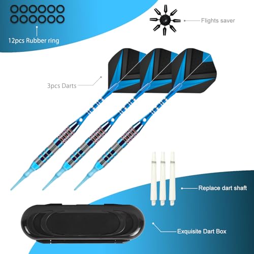 Soft Tip Darts Set 3 Aluminum Shaft Professional Darts Plastic Tip Sets 2BA Replacement Tips + Extra 3 Dart Flights 3 Replace Plastic Shafts for Electronic Dart Board - color: Deep Blue