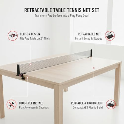 Retractable Table Tennis Net Set, Portable Clip-On Ping Pong Net for Flat Surfaces, Tool-Free Setup with Durable PP Construction - color: Black