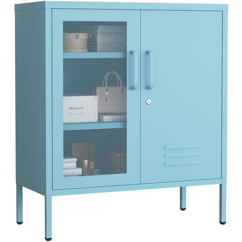 Accent Cabinet Locker, Lockable Storage Cabinet with Mesh & Metal Doors, 3-Tier Heavy Duty Steel Cabinet with 2 Adjustable Shelves, for Living Room, Home Office Blue 33" H x 29.5" W x 13.8" D - color: Ocean, style: Cabinet-33"H-SW
